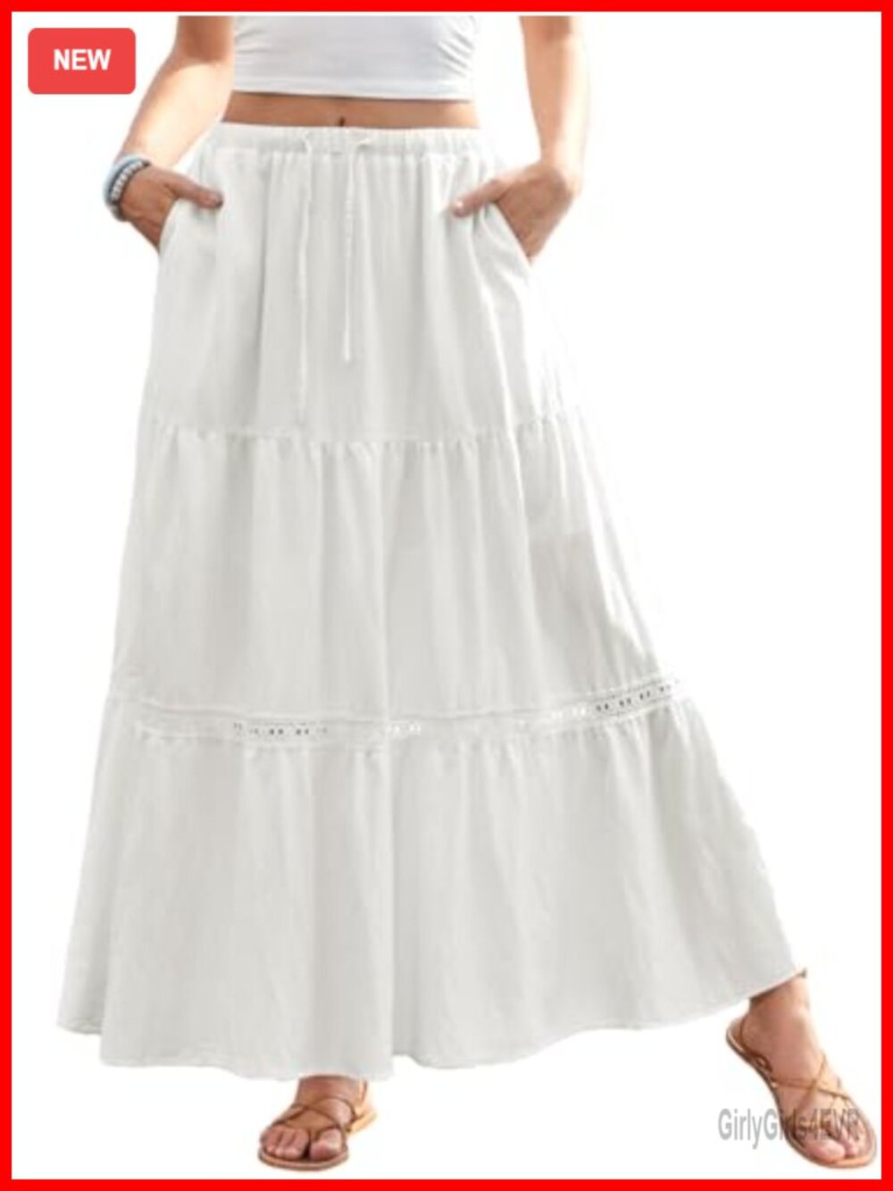 Boho Lace Trim Tiered Maxi Skirt High Waisted A-Line Flowy with Pockets